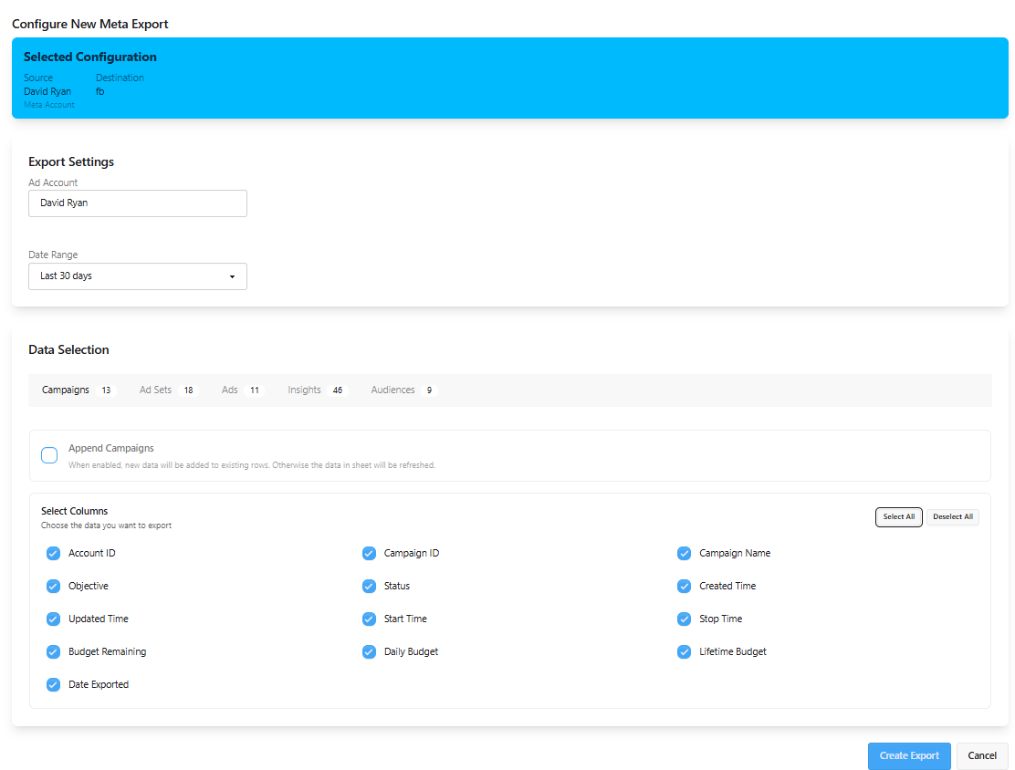 Export Configuration Interface